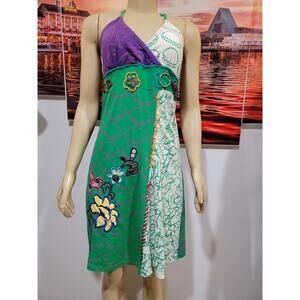 NESLAY Paris ARTSY Artwear Colorblock Multicolor Embellishe Sz S Halter Dress #Z